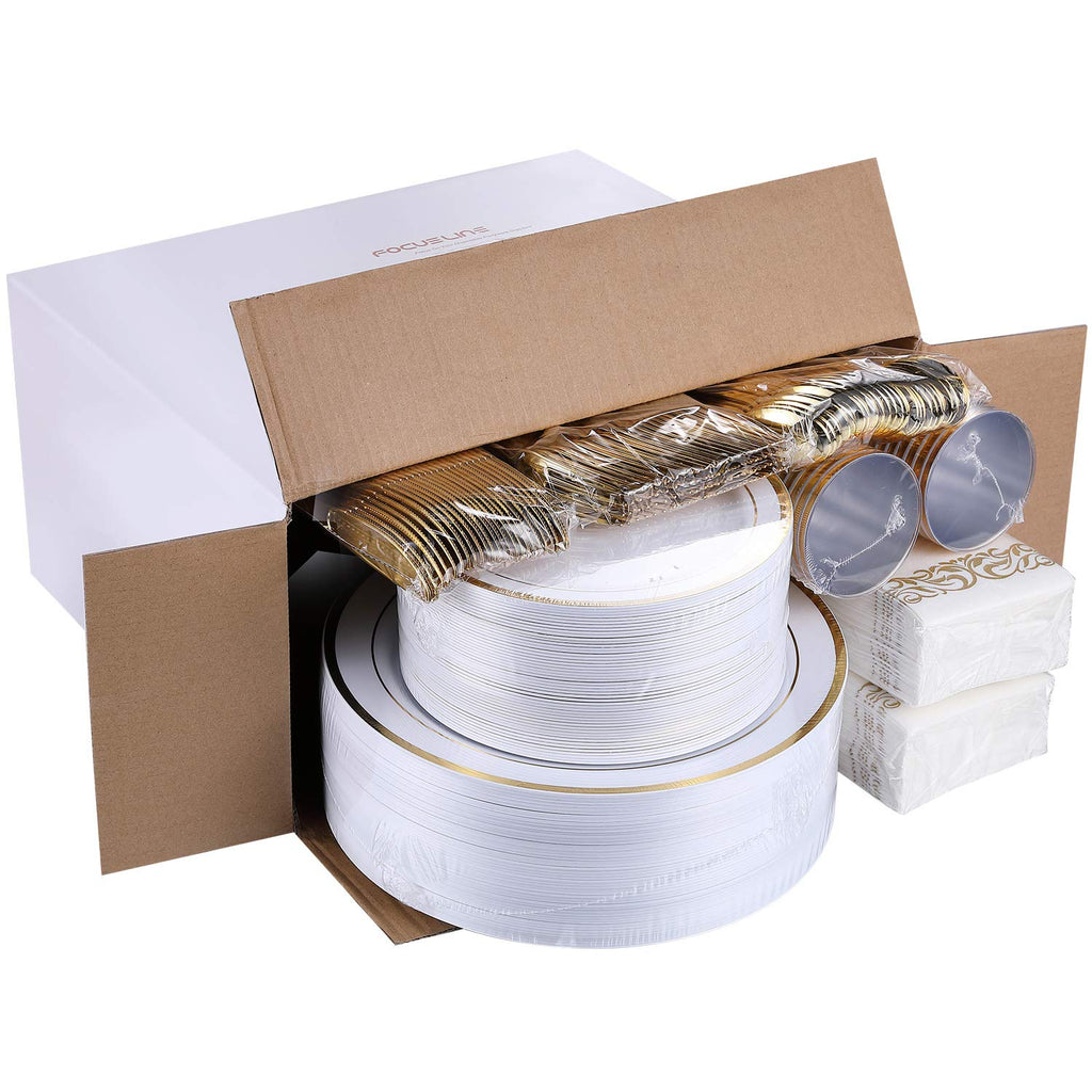 FOCUSLINE 350 Ct Disposable Dinnerware Set for 50 Guests -Heavy Duty Plastic Plates with Gold Rim, Includes 50 Dinner & Salad Plates, Cups, Napkins, Cutlery Set