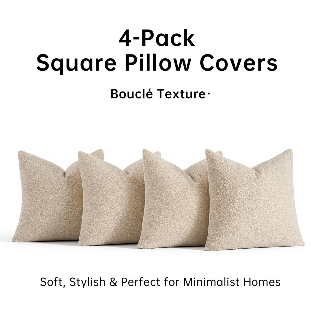 Topfinel Boucle Decorative Pillow Covers 18x18 Inches Set of 4 Neutral Cream Ivory White Pillowcase with Linen Cotton Back Chair Sofa Modern & Minimal Living Room Spring Home Decor