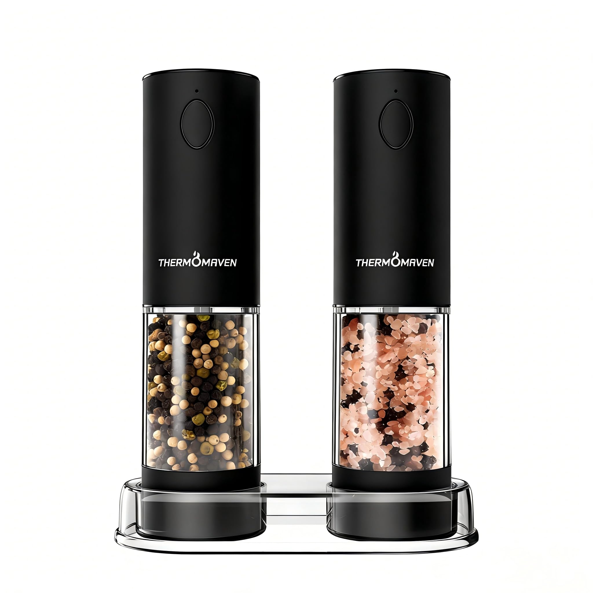 ThermoMaven Upgraded Larger Capacity Electric Salt and Pepper Grinder Set, 110ml Rechargeable Salt and Pepper Shaker with LED Light, Stainless Steel Automatic Pepper Mill with 6 Adjustable Coarseness
