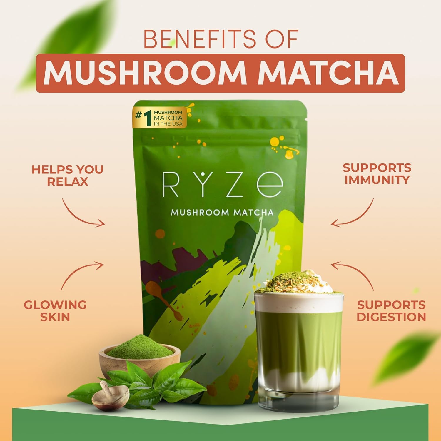 RYZE SUPERFOODS All Day Energy Bundle with Mushroom Medium Roast Coffee + Mushroom Matcha, USDA Organic with 6 Adaptogenic Mushrooms + Matcha for Better Energy, Focus, Digestion 30+30 serving