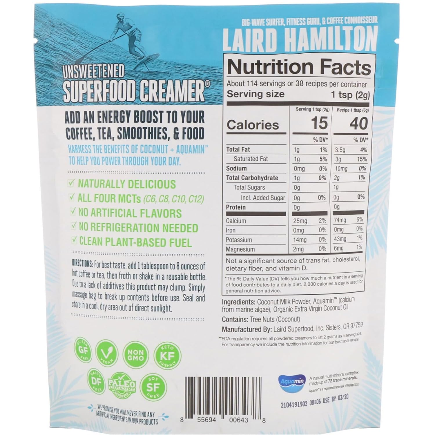 Laird Superfood Non-Dairy Coconut Powder Creamer - Sweet & Creamy + Adaptogens - Superfood Creamer with Functional Mushrooms - Non-GMO, Vegan, 8 oz. Bag, Pack of 1