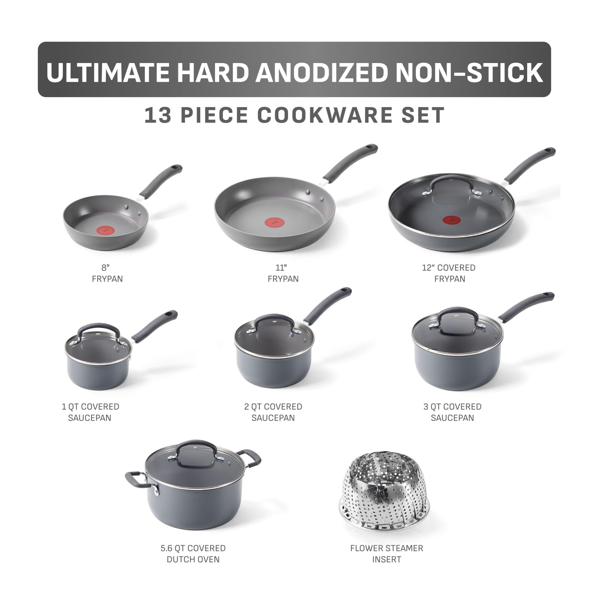 T-Fal Ultimate Hard Anodized Nonstick Pots and Pans Set 17 Piece, Nonstick Cookware Set with Fry Pan, Saucepans, Saute-Pan, Griddle, Dishwasher Safe, Onyx