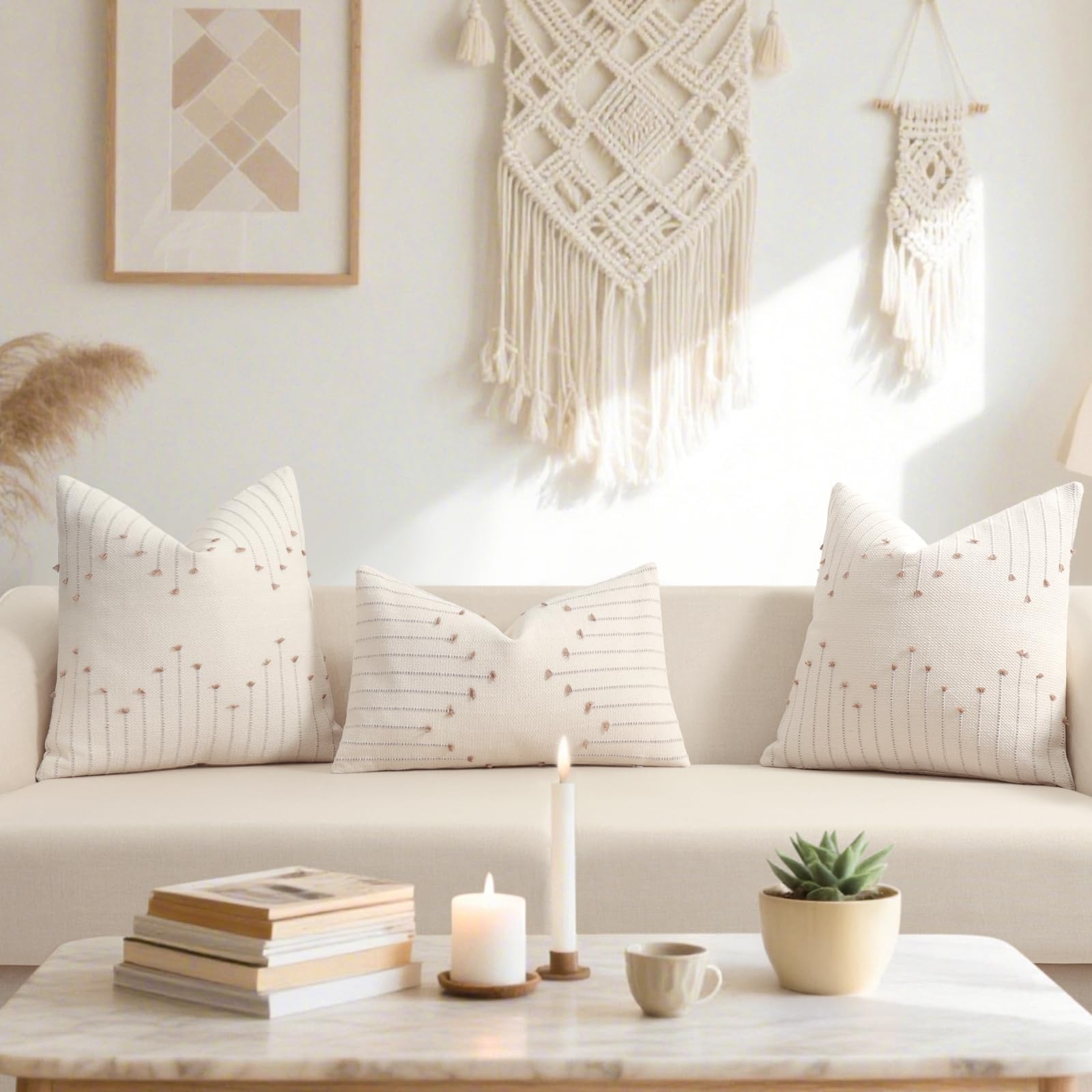 Boho Outdoor Throw Pillow Covers 18x18 Set of 2 Neutral Woven Decorative Pillowcases Cotton Tufted Couch Pillows Modern Farmhouse Cushion Covers for Sofa Couch Bed Living Room Home Decor, Navy Blue
