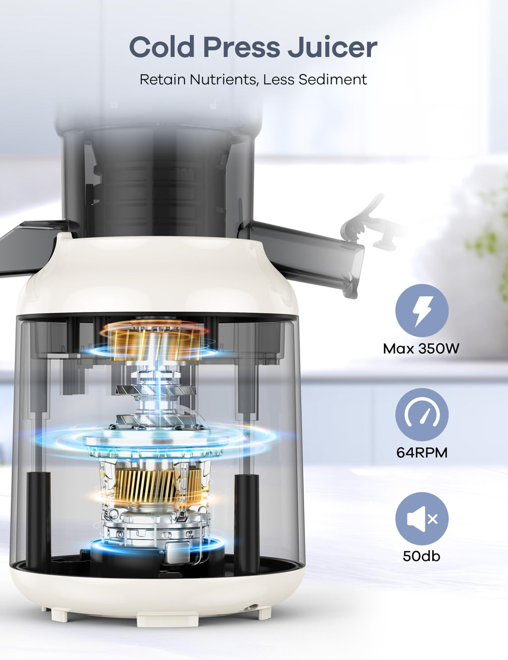 Ganiza Juicer Machines, Slow Masticating Juicers with Large Feed Chute for Whole Fruits & Vegetables, Cold Press Juicer with 3 Replace Filters for Batch Juicing, Easy to Clean, BPA Free(Silver)