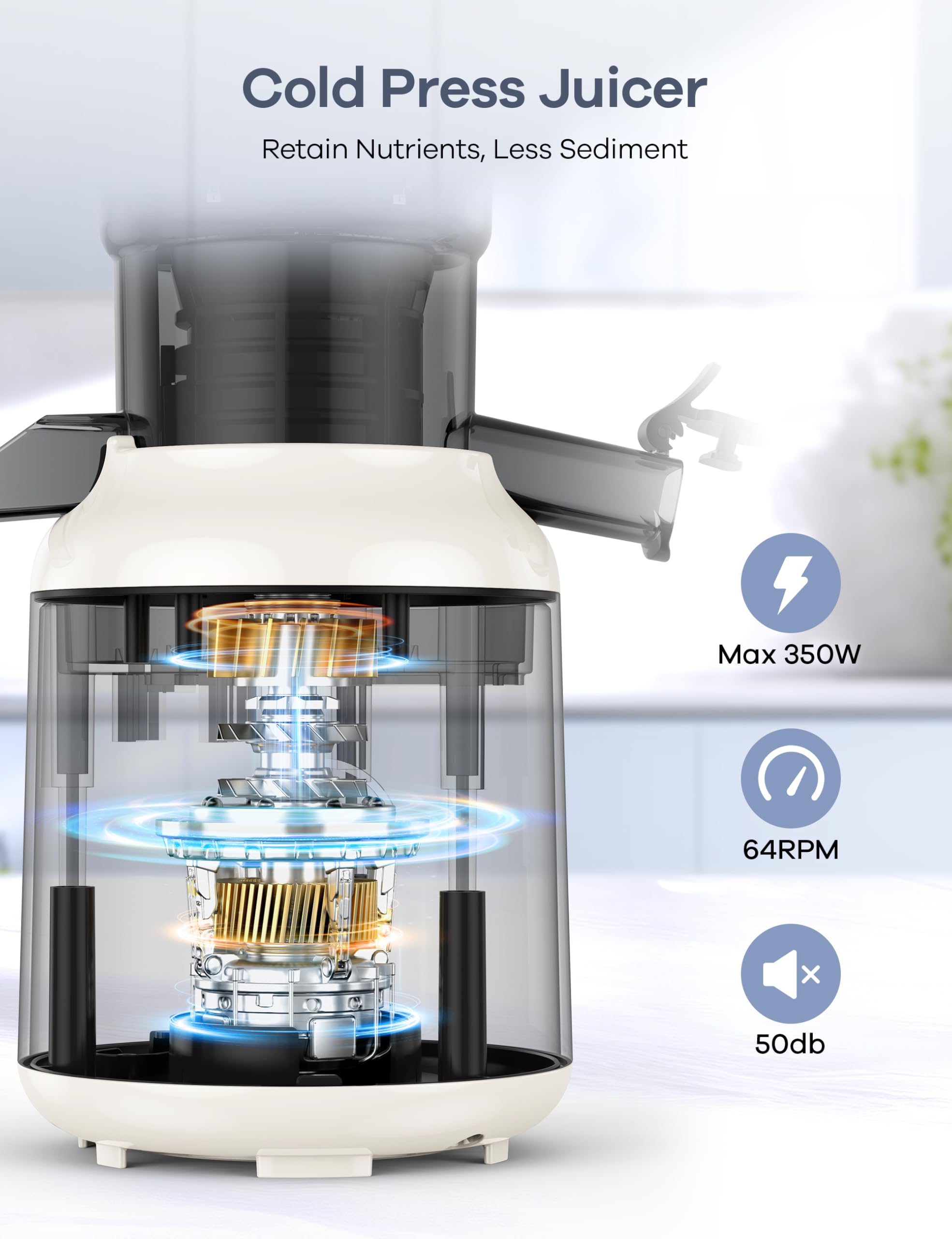 Ganiza Juicer Machines, Slow Masticating Juicers with Large Feed Chute for Whole Fruits & Vegetables, Cold Press Juicer with 3 Replace Filters for Batch Juicing, Easy to Clean, BPA Free(Silver)