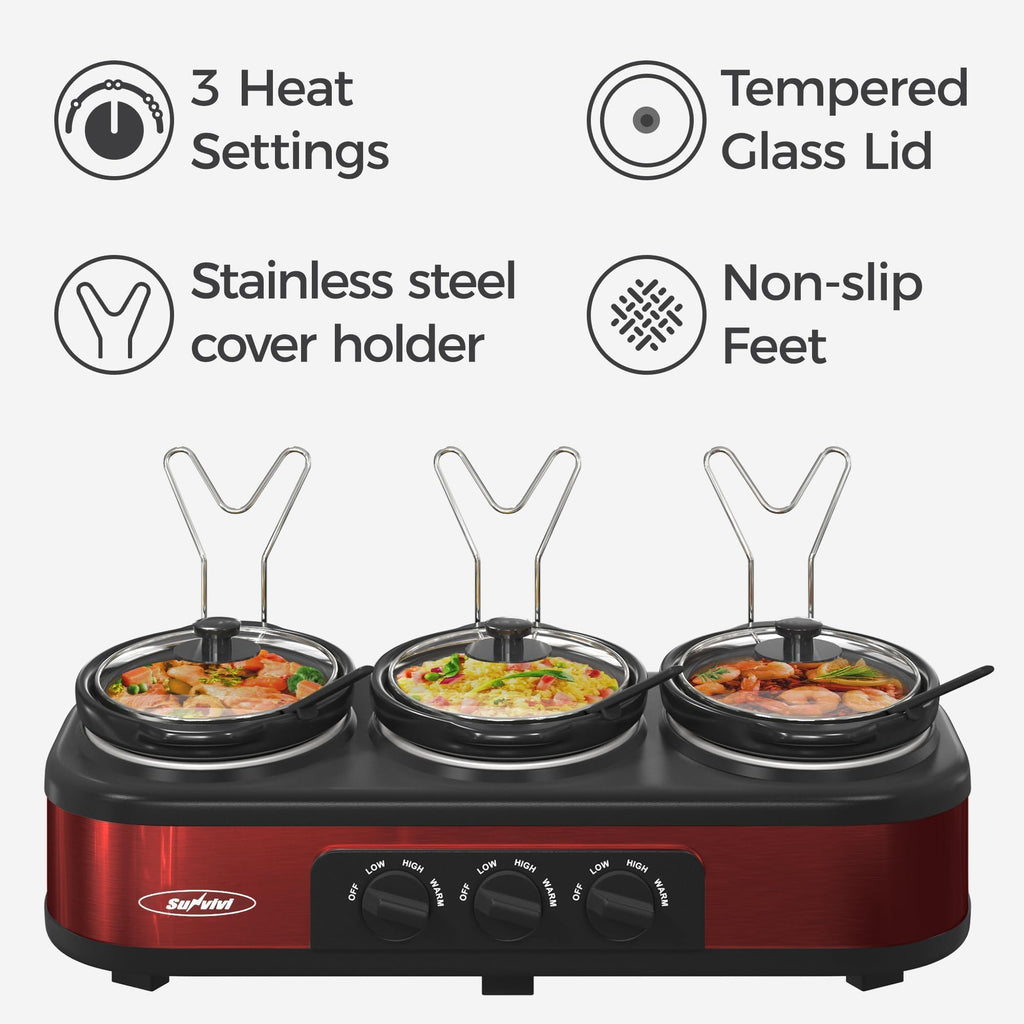 SUNVIVI Triple Slow Cooker, Buffet Food Warmer with 3 x 1.5 QT Removable Ceramic Pots, Buffet Servers and Warmers with Glass Lids and 3 Spoons, Stainless Steel, Blue