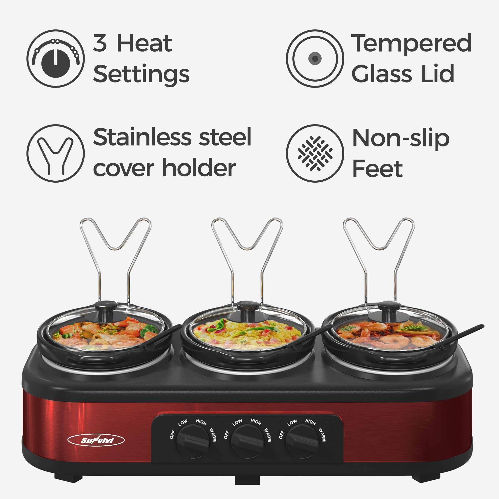 SUNVIVI Triple Slow Cooker, Buffet Food Warmer with 3 x 1.5 QT Removable Ceramic Pots, Buffet Servers and Warmers with Glass Lids and 3 Spoons, Stainless Steel, Blue