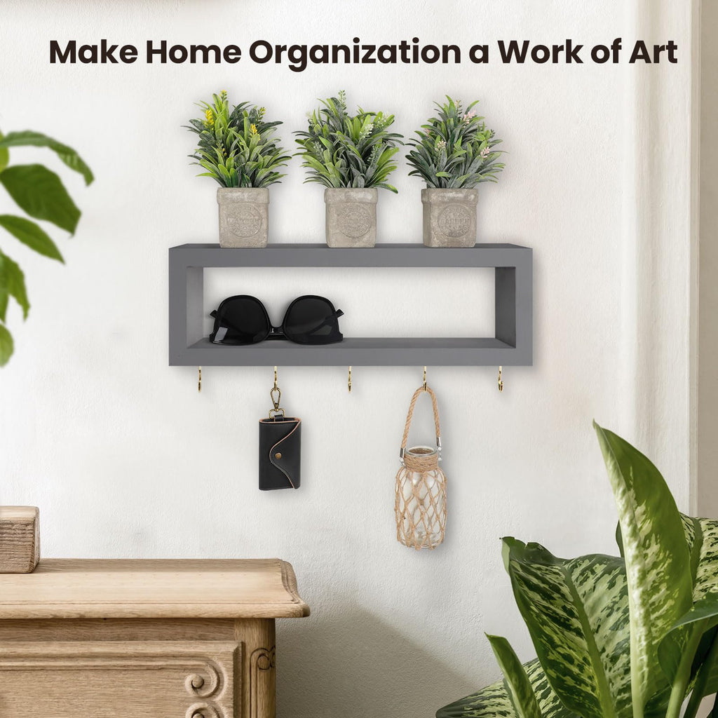 Wall Shelf with Hooks - Decorative Key and Wallet Holder for Wall Holds Sunglasses, Leashes, Scarves and Lanyards - 15.7" x 5.1" x 2.9" Entryway Organizer Made of Paulownia Wood (White)