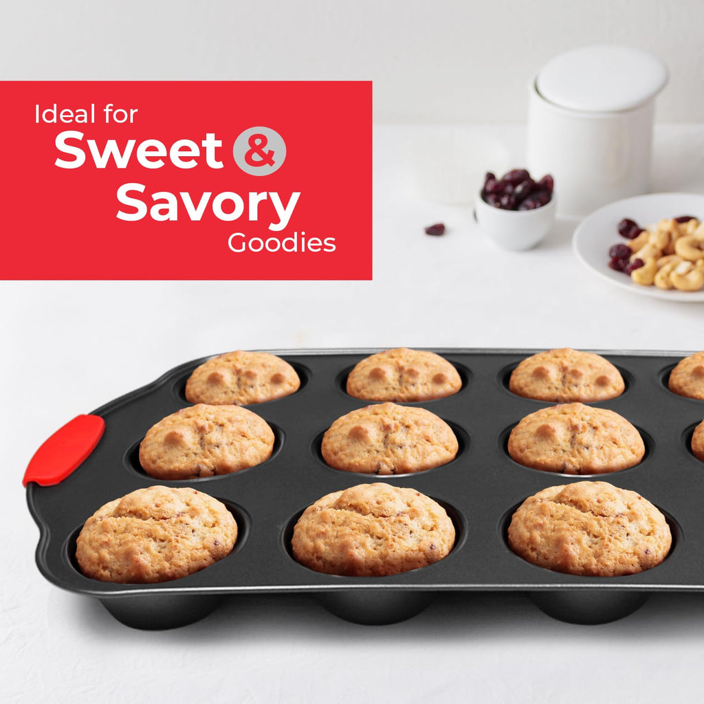 PERLLI Non-Stick 6-Piece Baking Pan Set, BPA-Free Carbon Steel Bakeware Set with Silicone Handles, Stackable Kitchen Oven Set, Cookie Sheet, Baking Tray, Baking Sheet Set, Oven Safe (446°F)