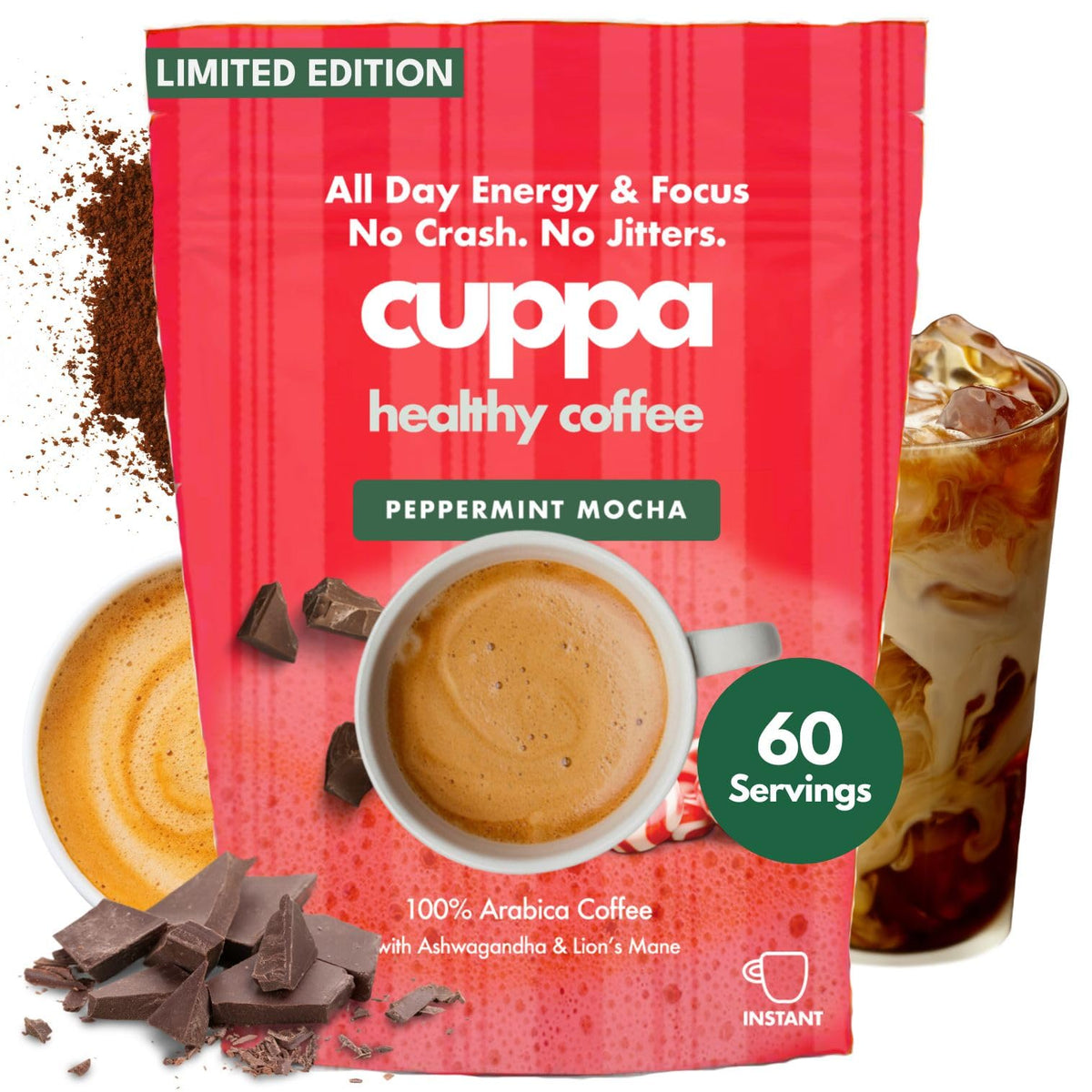 Cuppa Medium Roast Mushroom Coffee with Adaptogens & Superfoods - Lion’s Mane, Ashwagandha & Cordyceps. Adaptogens + MCT to support natural energy, mental focus & gut health (30 Servings)