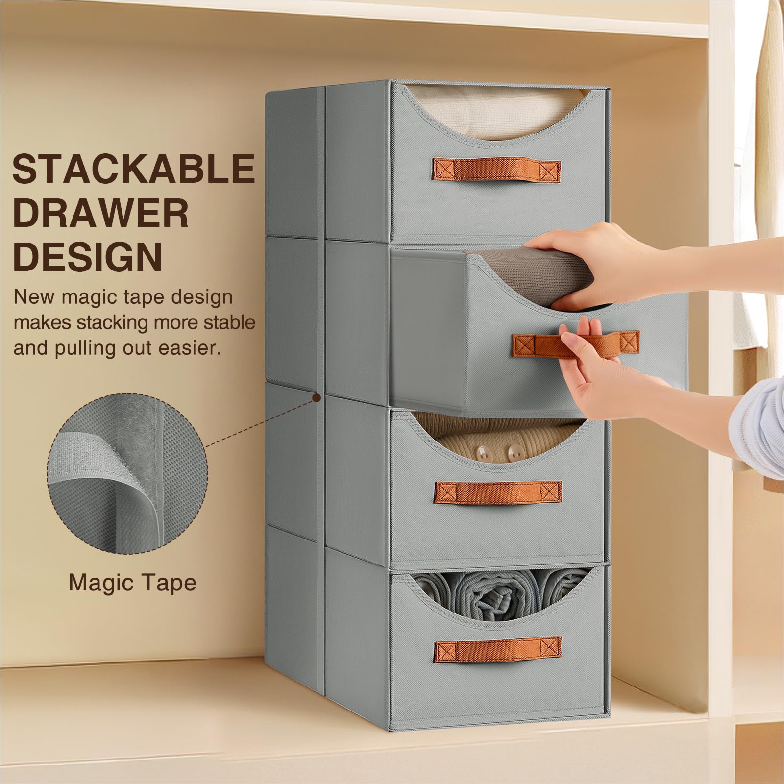 Homsorout Stackable Storage Drawers - Collapsible Storage Bins with Drawers, 4 Pack Closet Shelf Organizer Basket, Fabric Pull Out Organizer for Bedroom, Living Room, Dorm, Beige