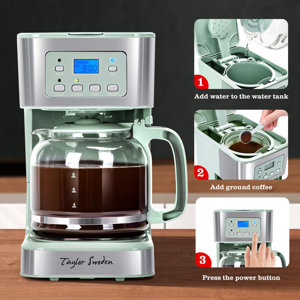 Taylor Swoden 12-Cup Programmable Coffee Maker, Regular & Strong Brew Drip Coffee Machine for Home and Office, Glass Carafe, Pause & Serve, Auto Shut Off, Black & Stainless Steel