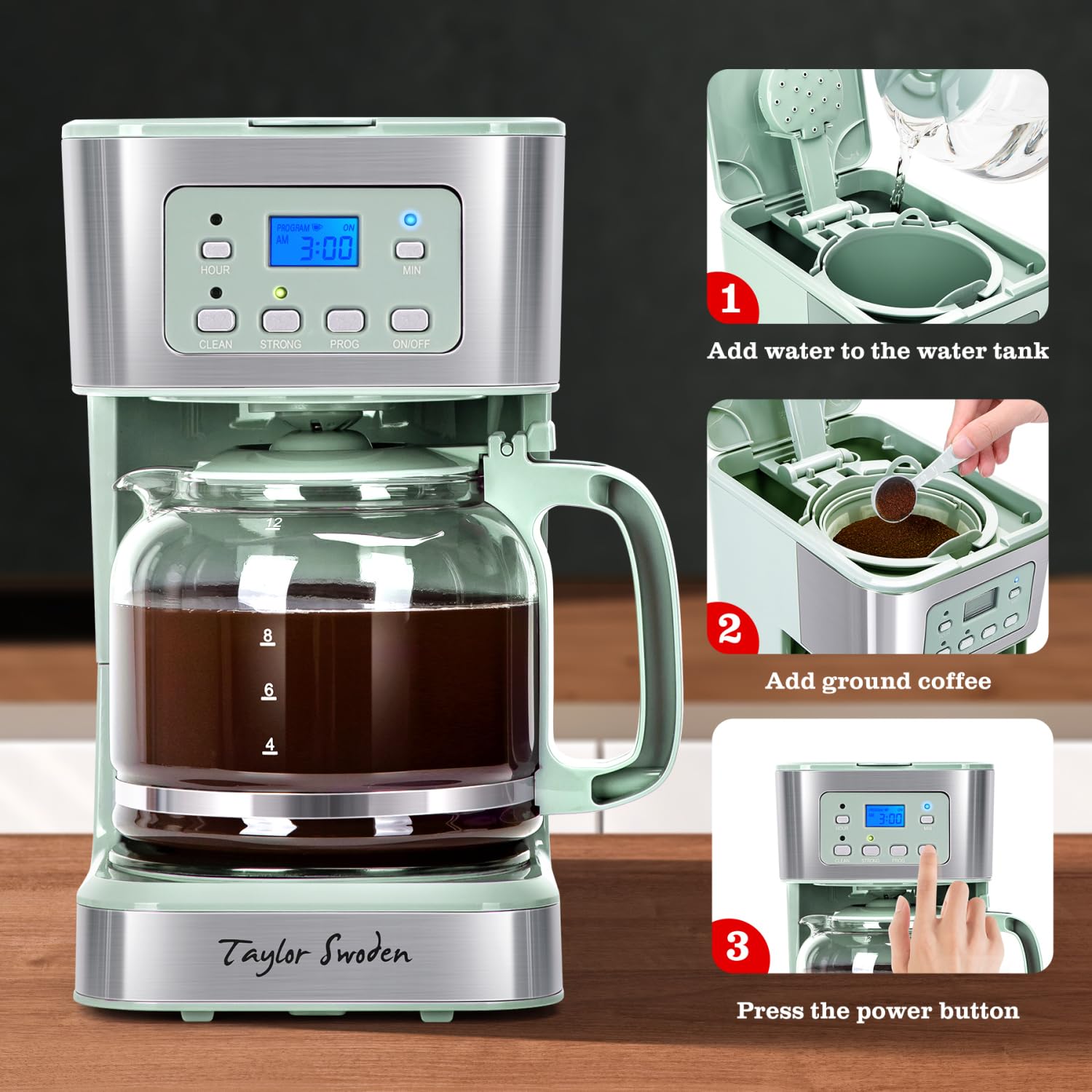 Taylor Swoden 12-Cup Programmable Coffee Maker, Regular & Strong Brew Drip Coffee Machine for Home and Office, Glass Carafe, Pause & Serve, Auto Shut Off, Black & Stainless Steel