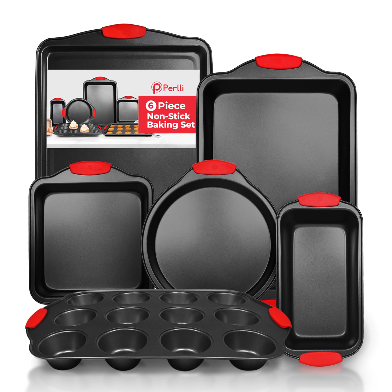 PERLLI Non-Stick 6-Piece Baking Pan Set, BPA-Free Carbon Steel Bakeware Set with Silicone Handles, Stackable Kitchen Oven Set, Cookie Sheet, Baking Tray, Baking Sheet Set, Oven Safe (446°F)