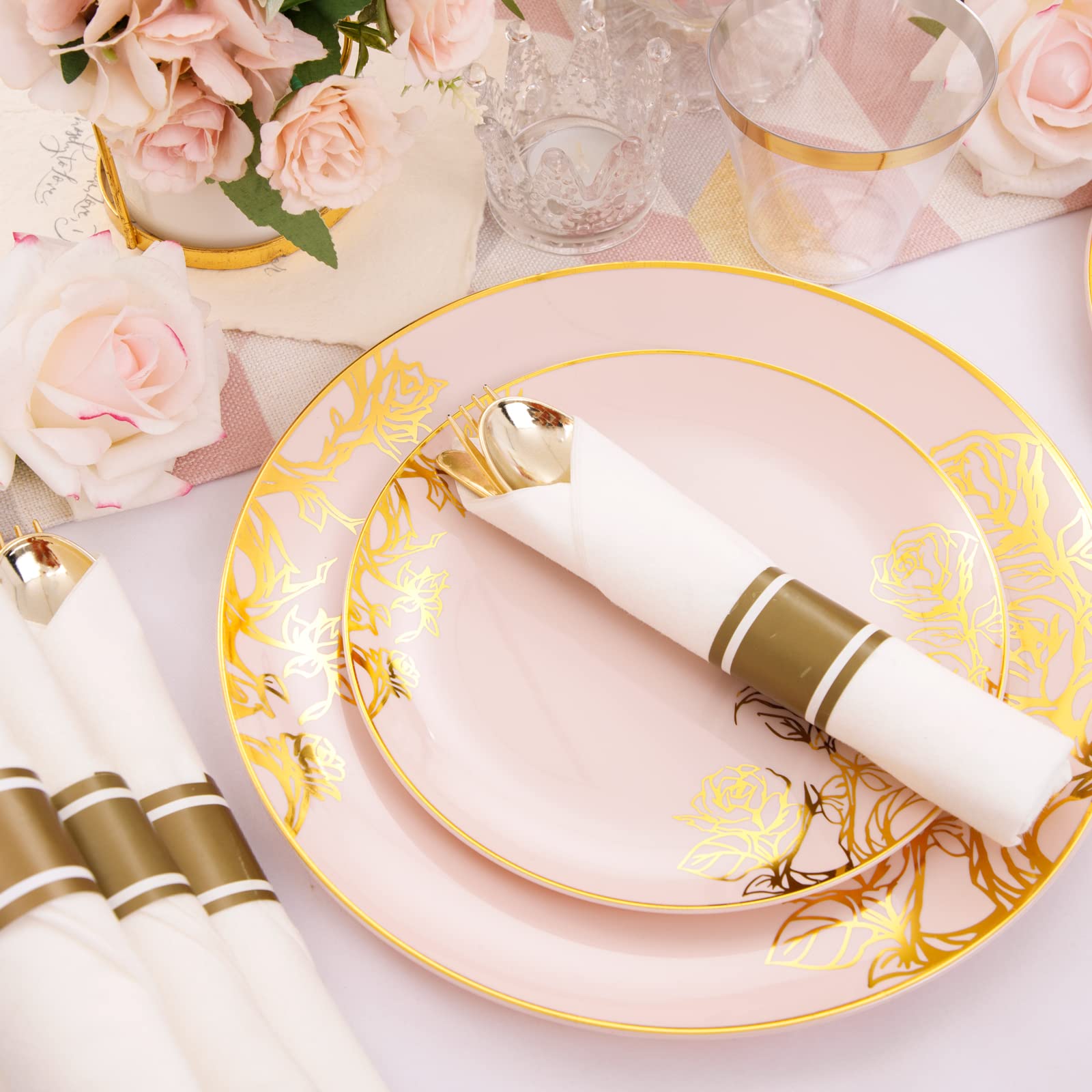 DaYammi 210Pcs White Gold Plastic Plates for Party,Gold Disposable Dinnerware Set Includes 60 gold Floral Plates,30 Plastic Silverware,30 Per Rolled Napkins,30 Cups for Mother's Day Party Wedding