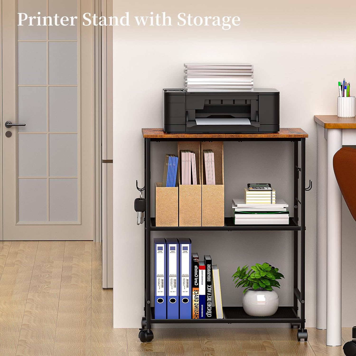 ThreeHio Printer Stand, 3Tier Printer Table with Wheels, Printer Cart with Storage Shelf, Printer Desk for Home Office Fax Machine Scanner, Rolling Cart for Kitchen, Laundry, Balcony, Living Room