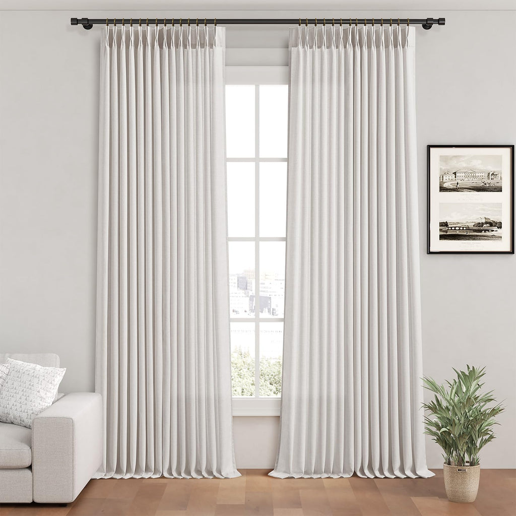 Pinch Pleated Linen Curtains 96 Inches Extra Long Olive Green Drapes, Thick Linen Light Filtering Memory Trained Pleat Curtain for Living Room and Bedroom Privacy 2 Panels Texture with Back Tab