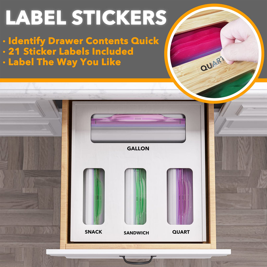 SpaceAid Bag Storage Organizer for Kitchen Drawer, Bamboo Organizer, Compatible with Gallon, Quart, Sandwich and Snack Variety Size Bag (1 Box 4 Slots)