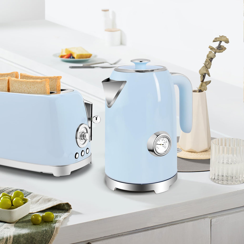 SUSTEAS Electric Kettle - 57oz Hot Tea Water Boiler with Thermometer, 1500W Fast Heating Stainless Steel Pot, Cordless LED Indicator, Auto Shut-Off & Boil Dry Protection, Retro Green