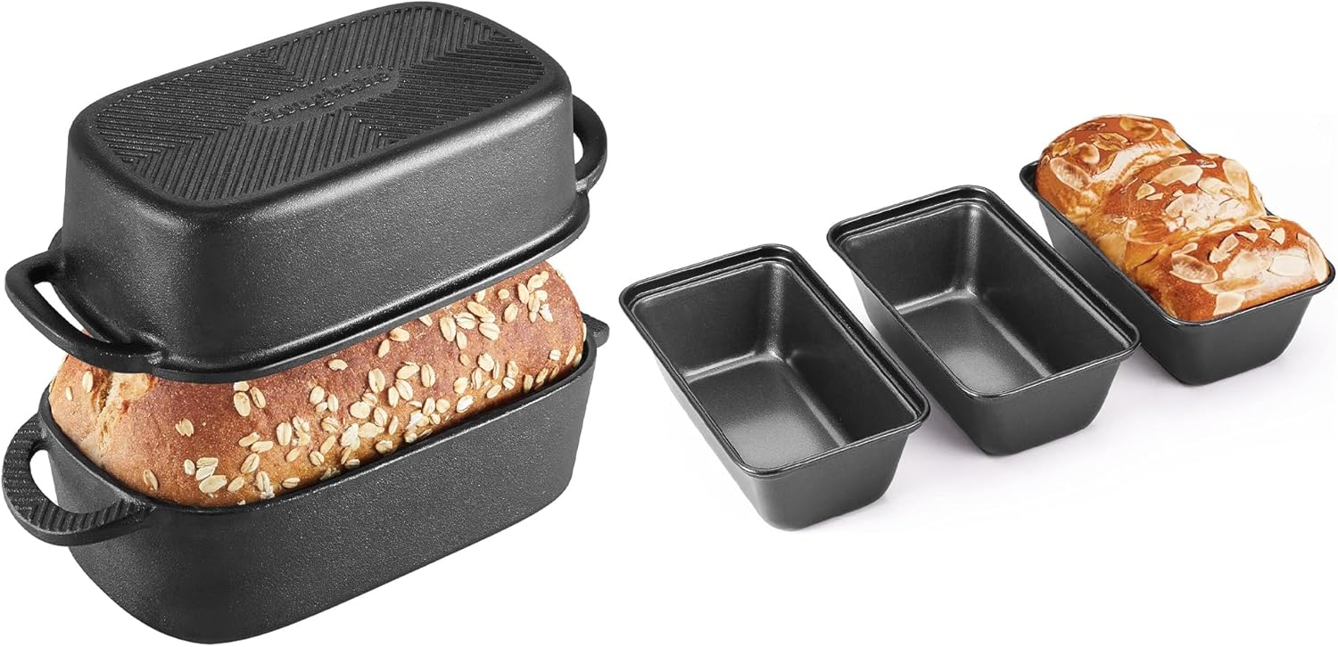 HONGBAKE 3 Pack Mini Loaf Pans & 2 Pack Cast Iron Loaf Pans