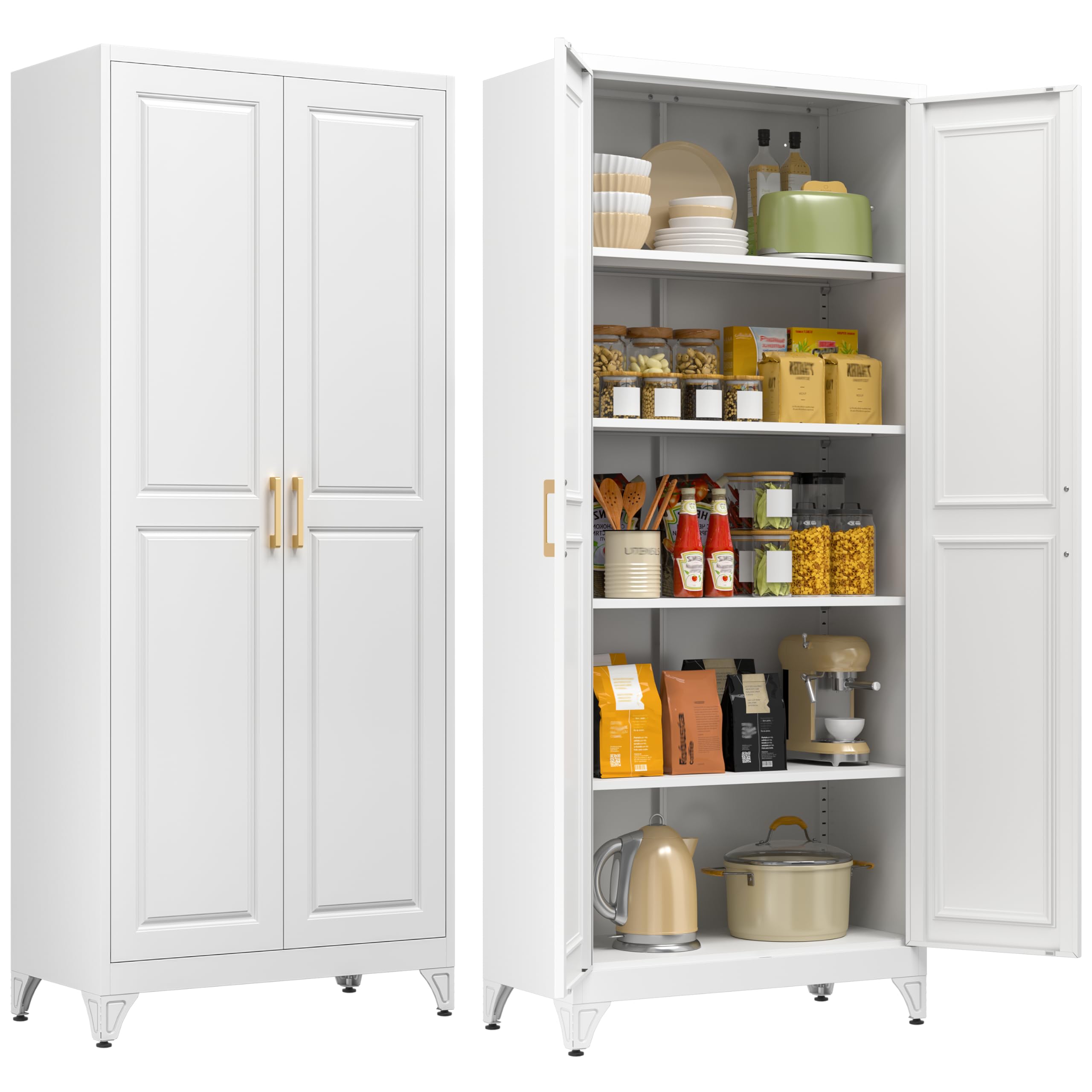 75" Tall Metal Kitchen Storage Cabinet,White Kitchen Pantry Storage Cabinet with Doors and 4 Adjustable Shelves,Utility Cabinet for Living Room,Garage,Dining Room and Office,Assemble Required