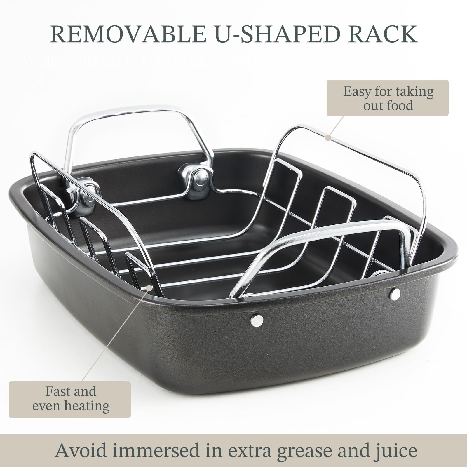 KITESSENSU Large Roasting Pan with Rack - 25 LB Nonstick Turkey Roaster Pan for Oven - Heavy Duty Carbon Steel Roasting Pan with Wider Handles for Chicken, Vegetables & Holiday Meals, Cream