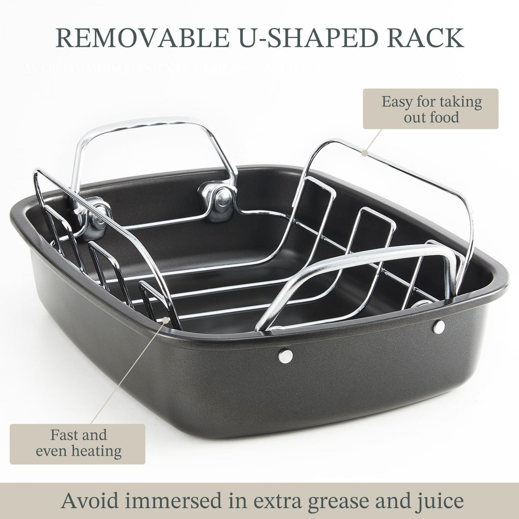 KITESSENSU Large Roasting Pan with Rack - 25 LB Nonstick Turkey Roaster Pan for Oven - Heavy Duty Carbon Steel Roasting Pan with Wider Handles for Chicken, Vegetables & Holiday Meals, Cream