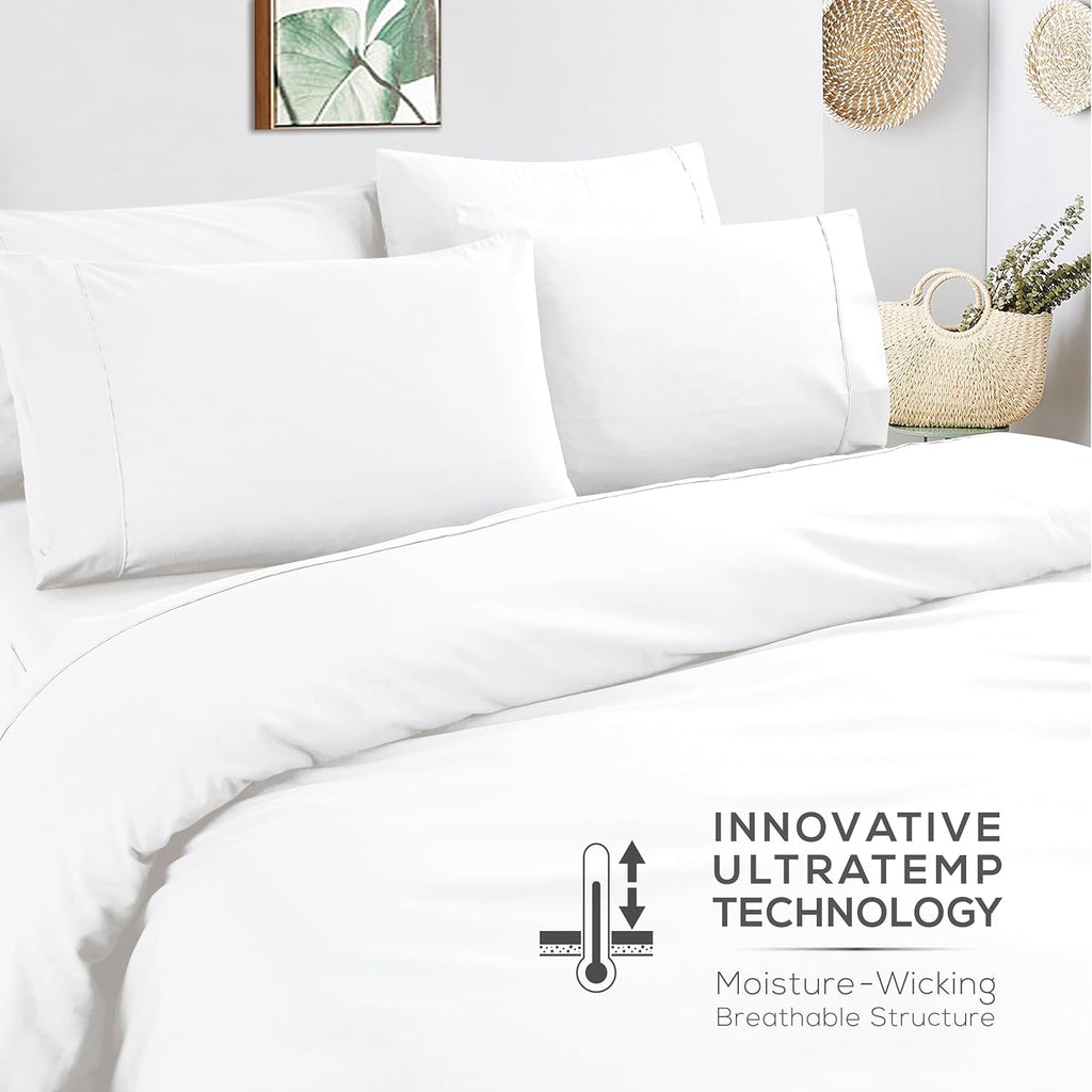 Mueller Ultratemp King Size Sheets Set, Super Soft 1800, 6 Piece, Deep Pocket up to 16" Bed Sheets, Transfers Heat, Breathes Better, Hypoallergenic, Wrinkle, White