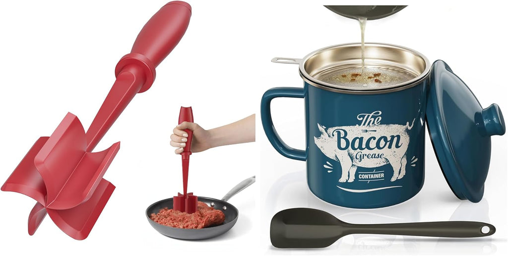 Red Meat Chopper and Blue 46OZ Bacon Grease Container