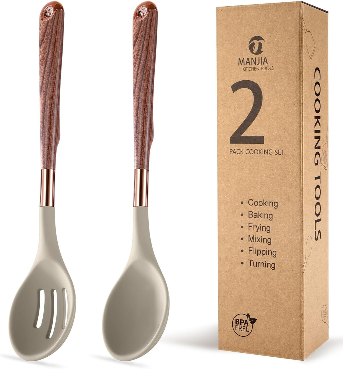 MANJIA Silicone Slotted and Solid Cooking Spoons Set, 2 Piece, Khaki