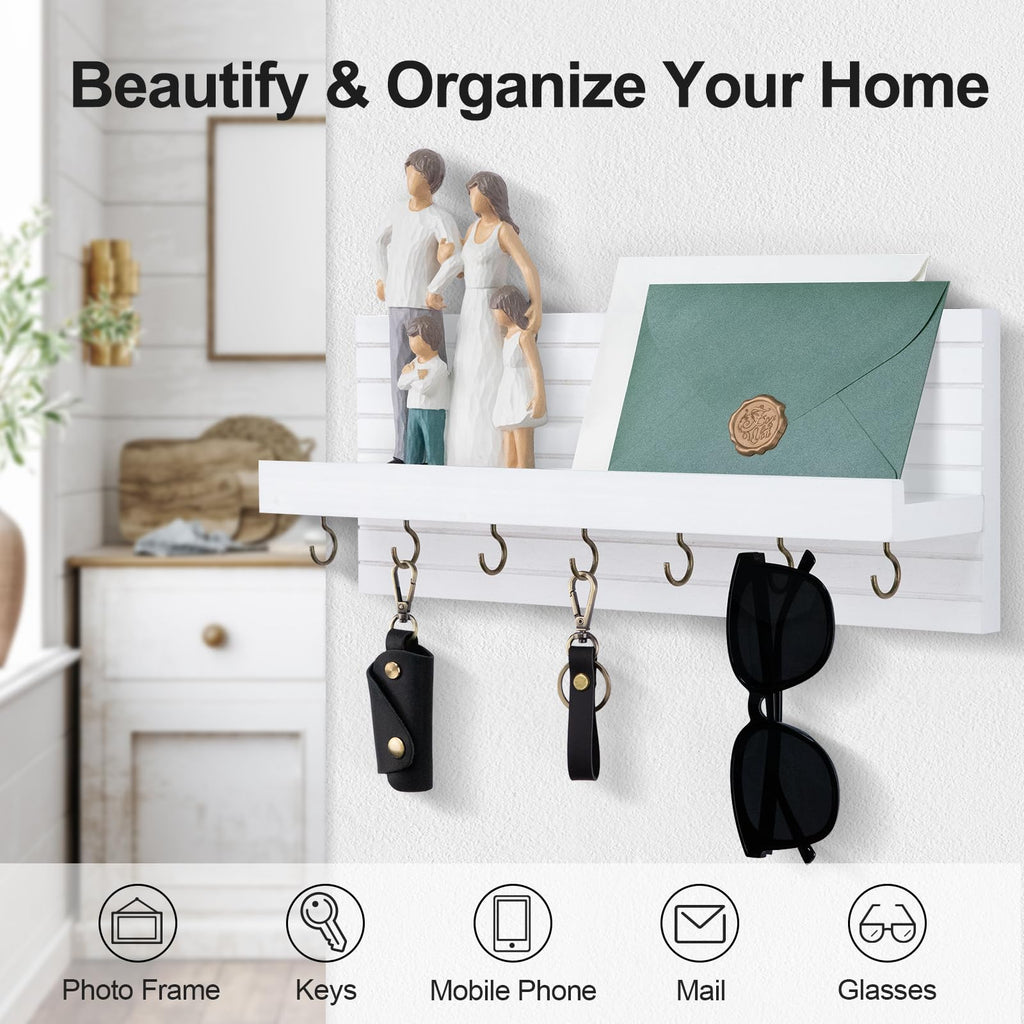 Decorative Key Holder for Wall with Shelf, Entryway Shelf with Hooks Holds Leashes, Jackets and Glasses – Sturdy Wood Keyholder Entrance Hanger with Mounting Hardware (Black, Medium)