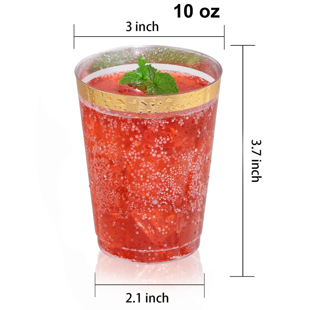 DaYammi 200 Pack Gold Plastic Cups 10 Oz Clear Cup Gold Rimmed Disposable Wine Glasses Fancy Disposable Party Cups Tumblers Drinking Cup Plastic Cocktail Glasses gold disposable cups for Party Wedding