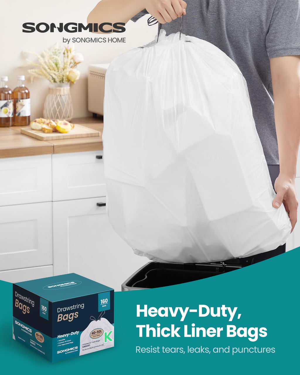 SONGMICS Trash Bags for 8-Gallon (30 L) Trash Cans, Drawstring Kitchen Garbage Bags, Pre-Separated, Liner Code 30A, 2 Rolls, 90 Count, White UKRB30A02