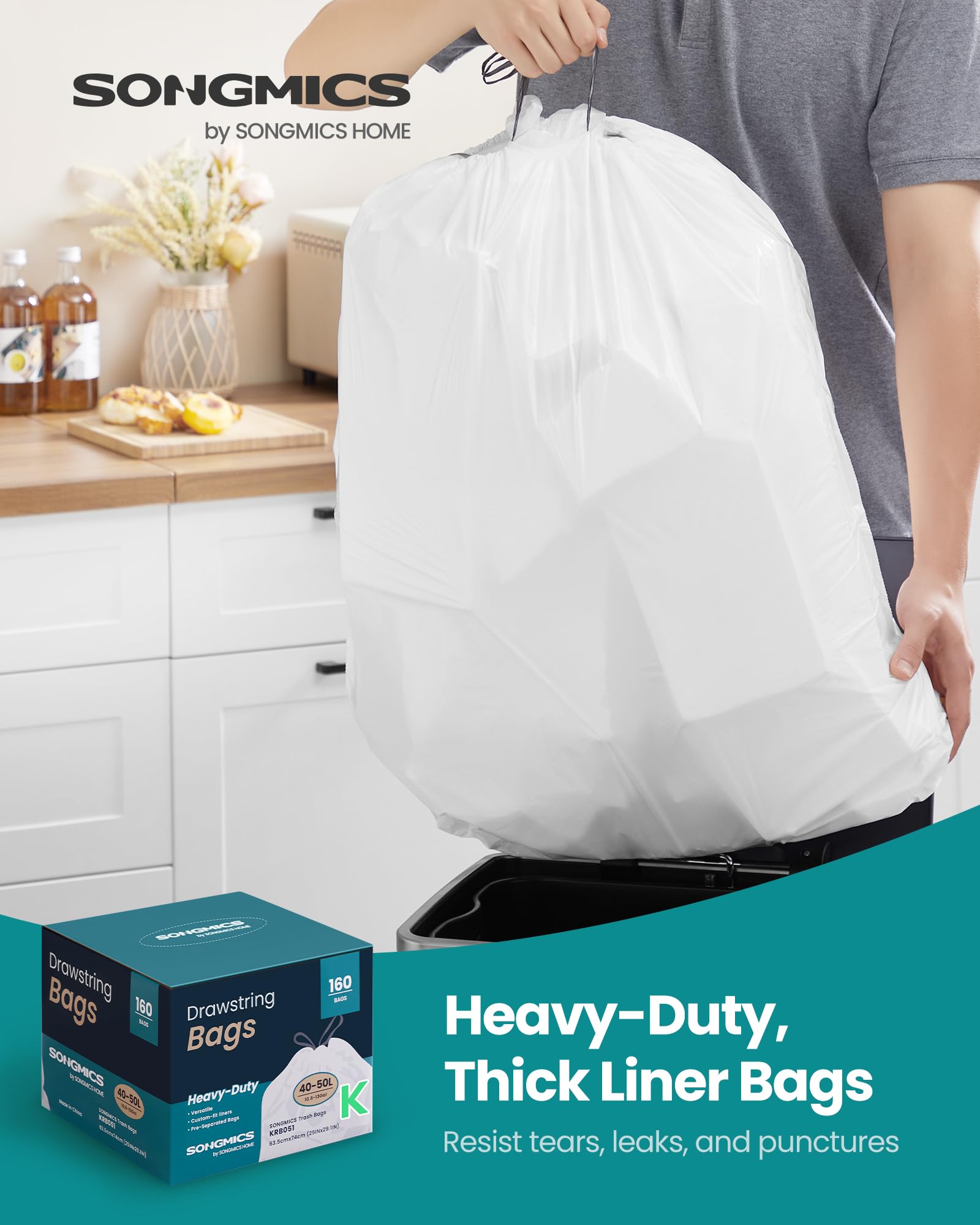 SONGMICS Trash Bags for 8-Gallon (30 L) Trash Cans, Drawstring Kitchen Garbage Bags, Pre-Separated, Liner Code 30A, 2 Rolls, 90 Count, White UKRB30A02