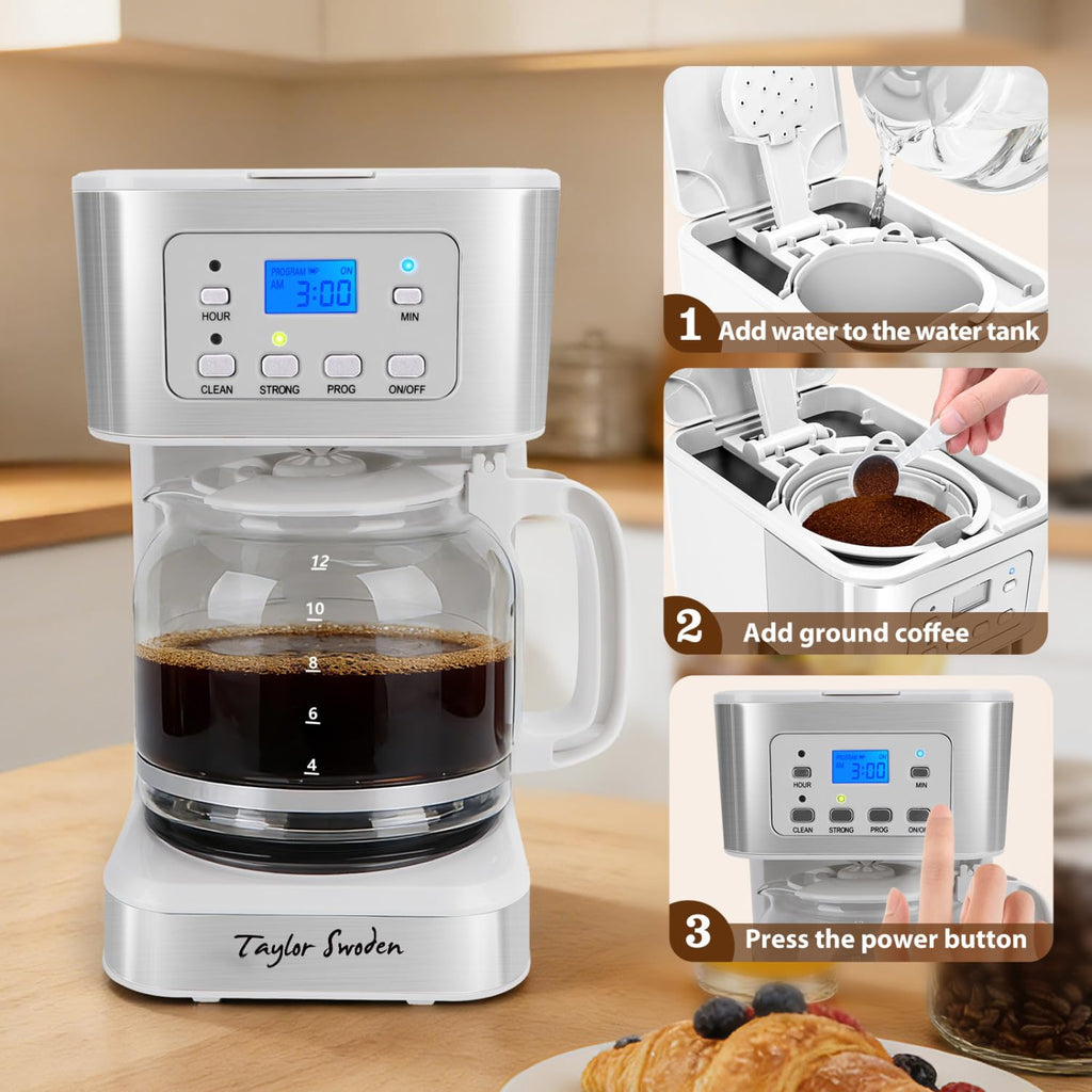 Taylor Swoden 12-Cup Programmable Coffee Maker, Regular & Strong Brew Drip Coffee Machine for Home and Office, Glass Carafe, Pause & Serve, Auto Shut Off, Black & Stainless Steel
