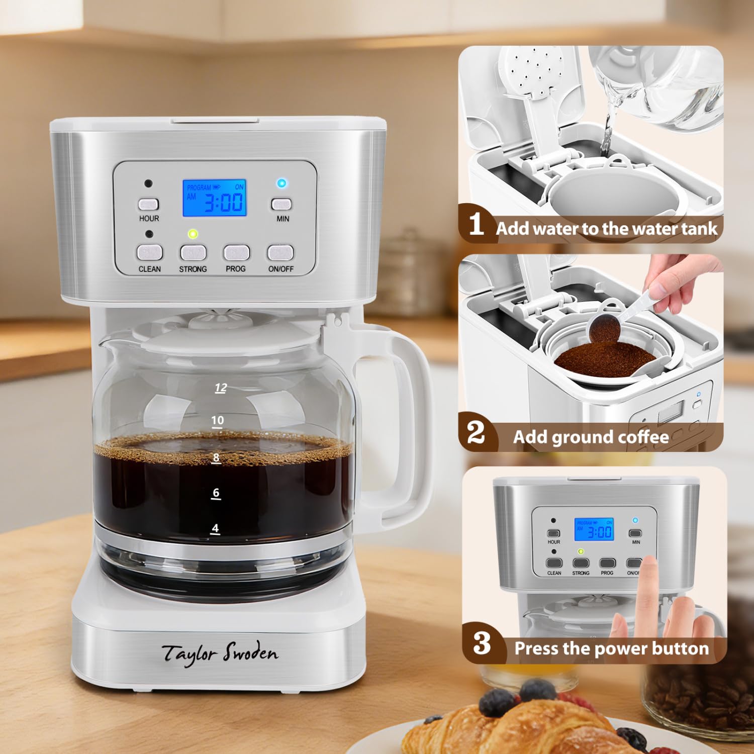 Taylor Swoden 12-Cup Programmable Coffee Maker, Regular & Strong Brew Drip Coffee Machine for Home and Office, Glass Carafe, Pause & Serve, Auto Shut Off, Black & Stainless Steel