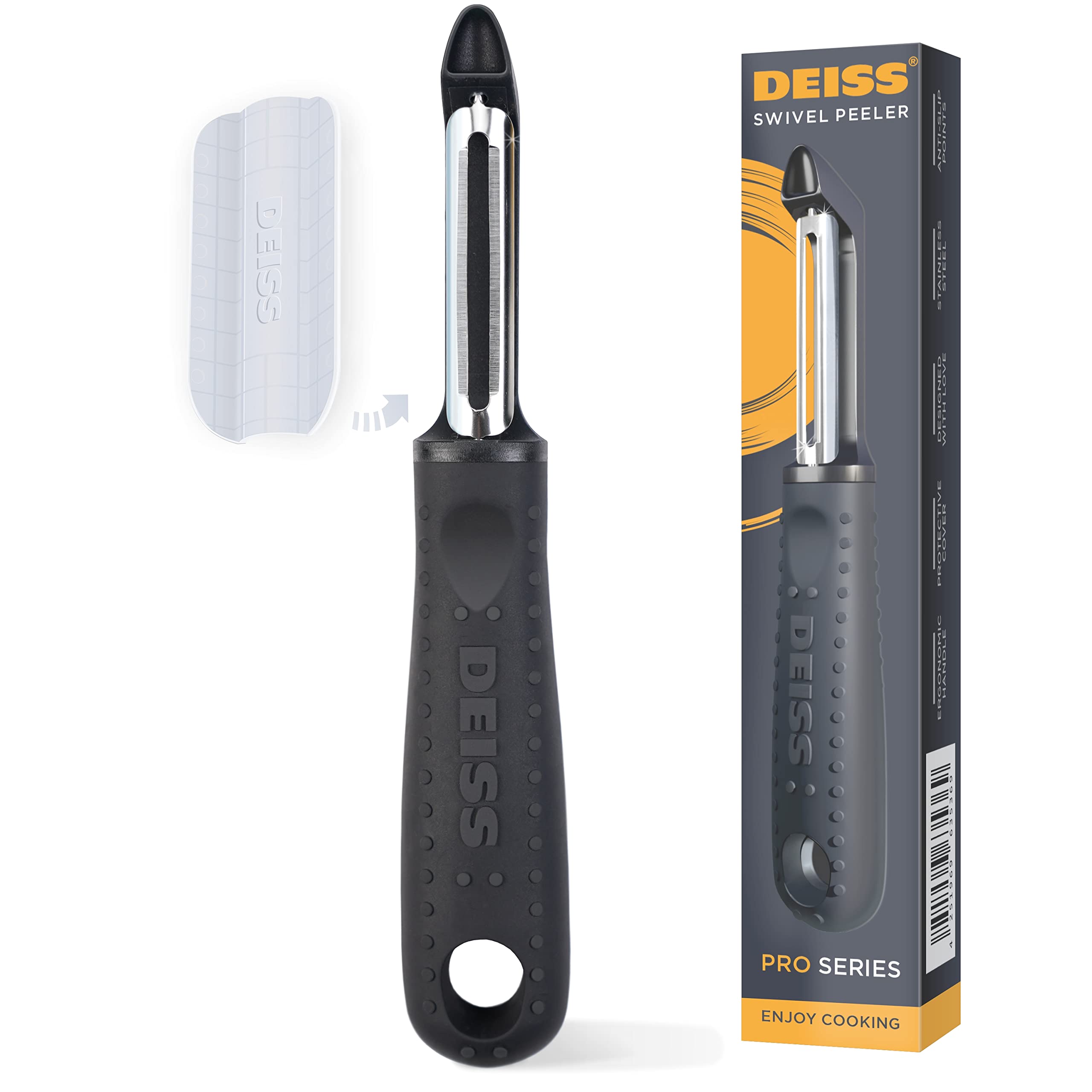 Deiss PRO Swivel Vegetable Peeler - Sharp Stainless Steel Peeler With Easy Non-Slip Hand Grip, Potato Peelers For Kitchen, Fruit, Carrot, Apple, Veggie, Kiwi, Durable, And Dishwasher Safe (ORANGE)