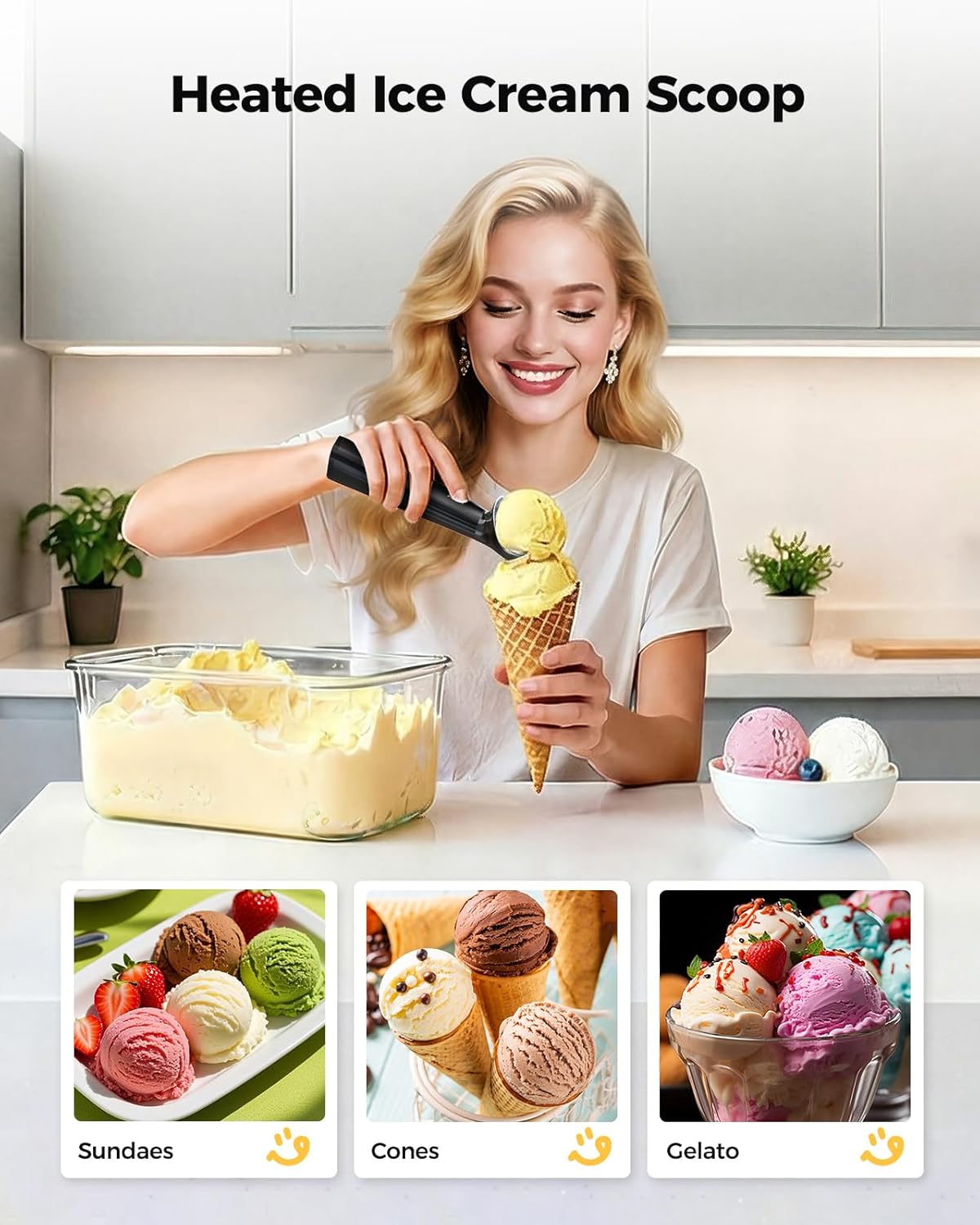 KYX Heated Ice Cream Scoop, Electric Ice Cream Scoop with 3 Temperature Settings, 3200mAh Battery, ON/OFF and LED Display, Ideal for Scooping Hard Ice Cream, Gelato & Frozen Desserts