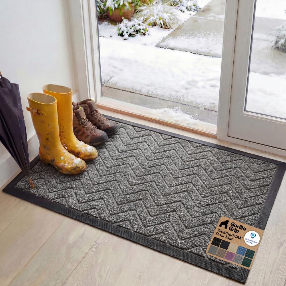 GORILLA GRIP 100% Waterproof All-Season WeatherMAX Doormat US Designed Natural Rubber, Stain Fade Resistant, Low Profile Indoor Outdoor Front Door Mats Outside Entrance, Easy Clean 29x17 Gray Diamond