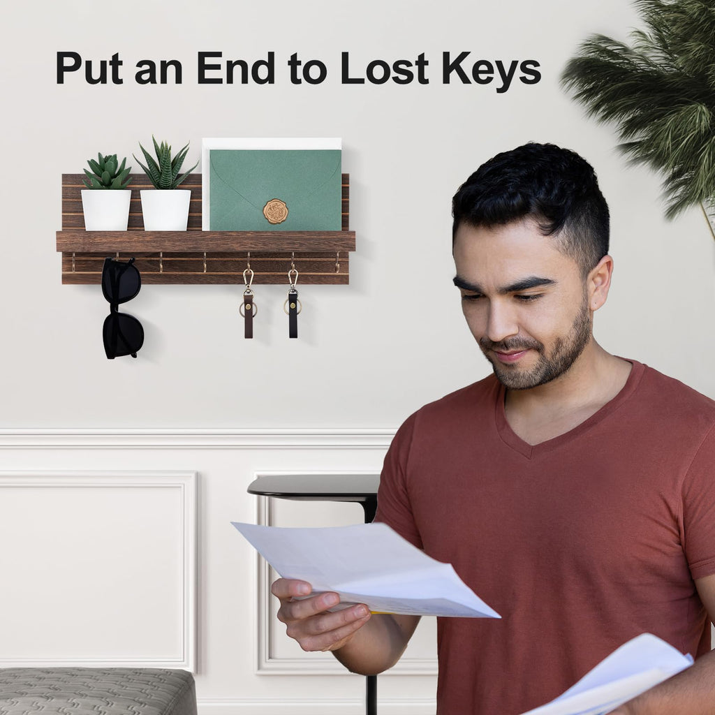 Decorative Key Holder for Wall with Shelf, Entryway Shelf with Hooks Holds Leashes, Jackets and Glasses – Sturdy Wood Keyholder Entrance Hanger with Mounting Hardware (Black, Medium)
