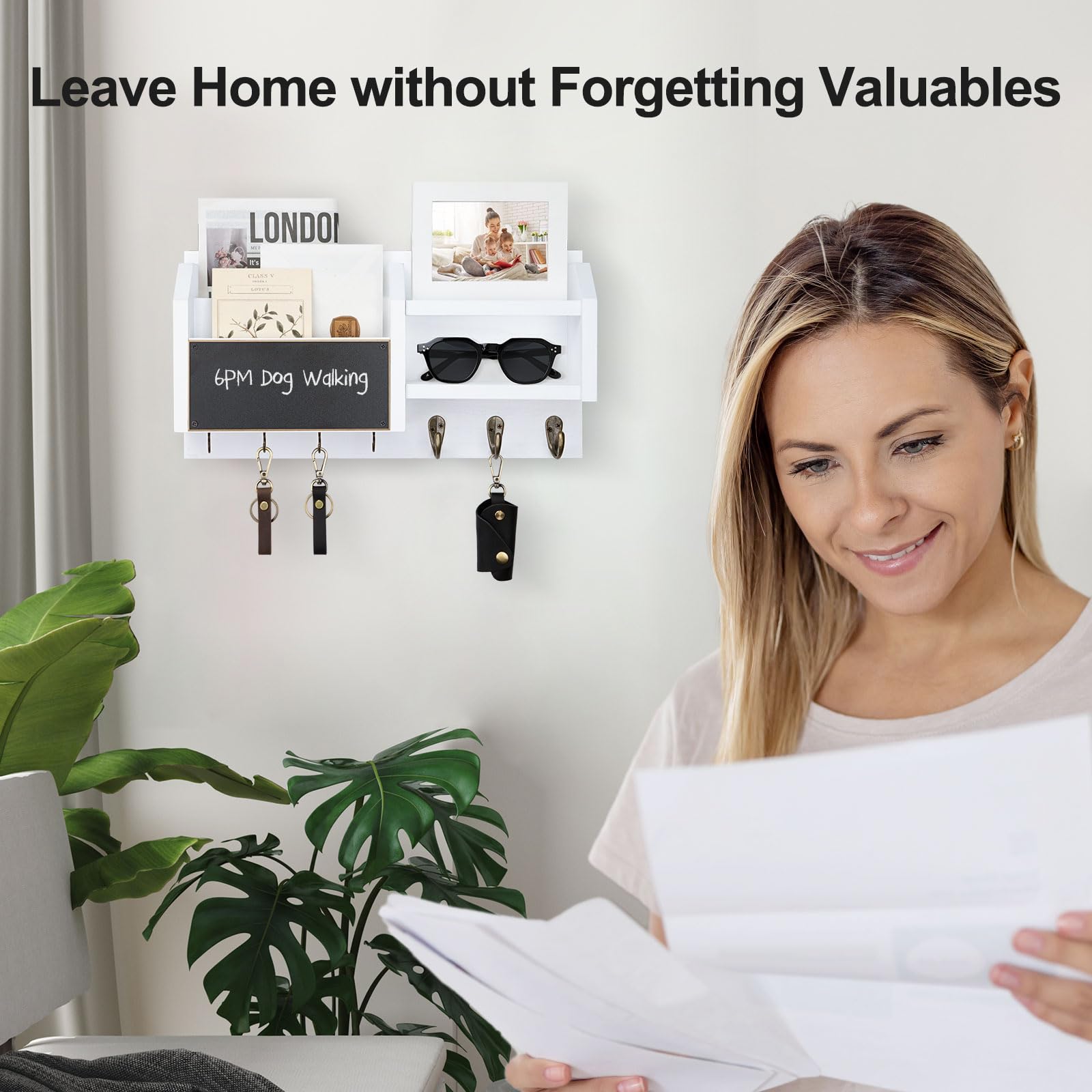 Mail and Key Holder – Wall Mount Key Hanger with Shelf and 7 Metal Hooks – Decorative Natural Paulownia Wood Entryway Organizer with Mounting Hardware (16.5”W x 8.7”H x 3.5”D) (Brown)