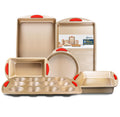 Perlli Baking Kit: Nonstick Gold Steel Oven Set - 10 Pieces, Cookie Sheets, Cake Pans, 9x13Pan with Lid, Loaf & Deep Pans, Pizza Crisper, Muffin Pan - Silicone Handles