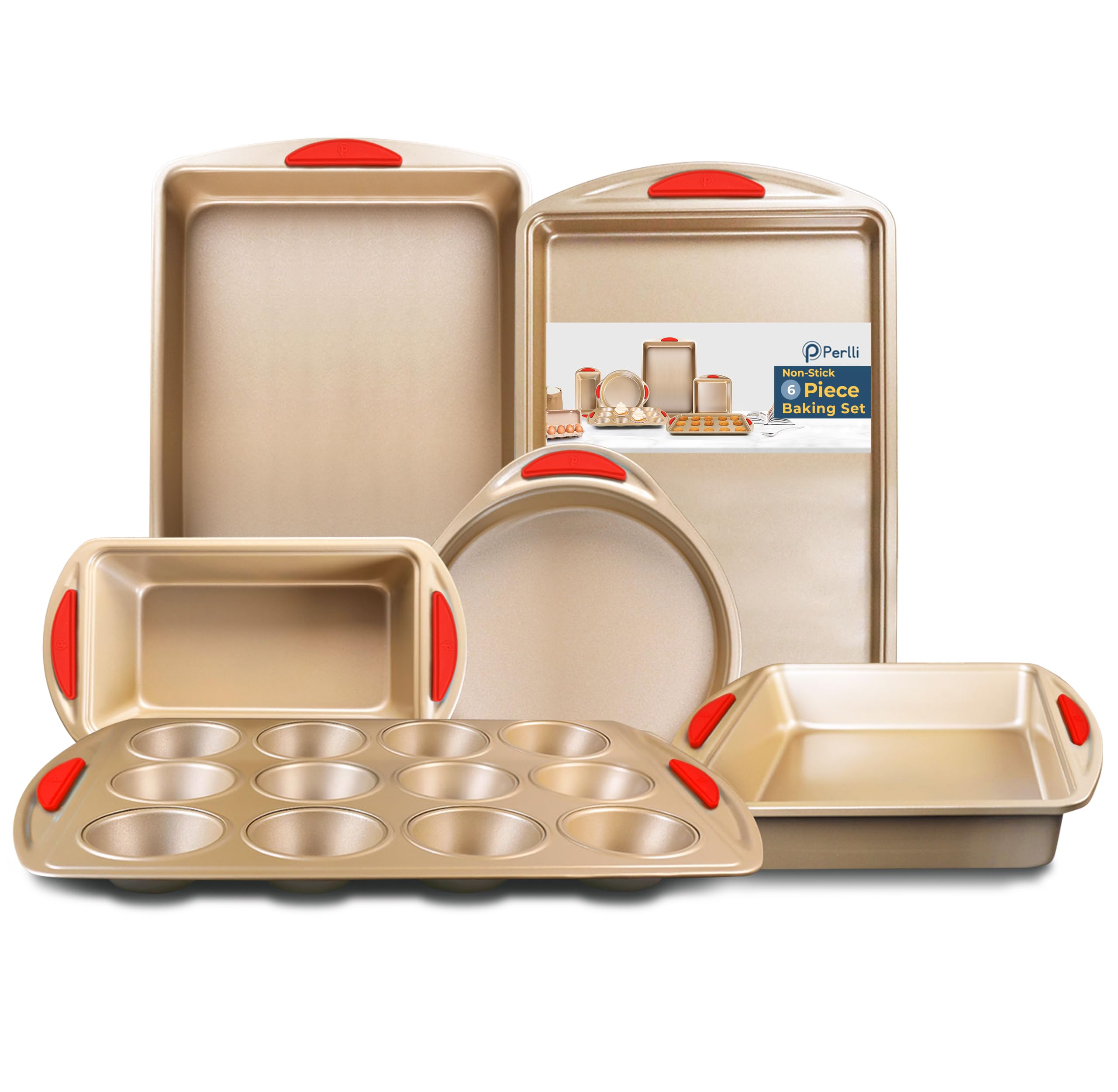 Perlli Baking Kit: Nonstick Gold Steel Oven Set - 10 Pieces, Cookie Sheets, Cake Pans, 9x13Pan with Lid, Loaf & Deep Pans, Pizza Crisper, Muffin Pan - Silicone Handles