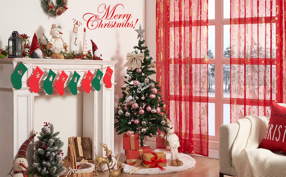 Topfinel Red Christmas Decorations for Home, Sheer Curtains 84 Inch Length for Kids/Living Room 2 Panels Set, Christmas Bells, Snowflake, Santa Claus, Xmas Ball for Cortinas De Navidad Decor
