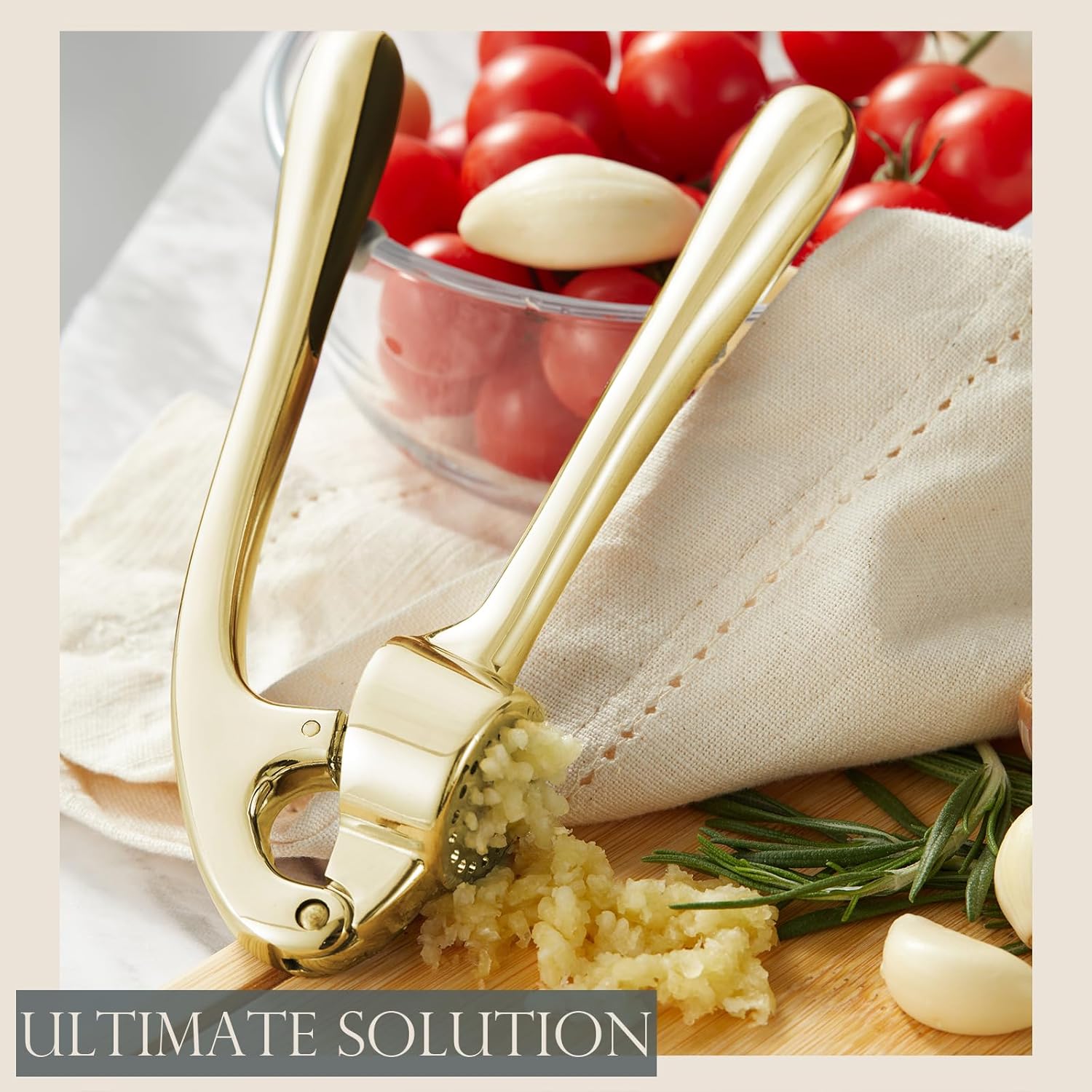 Kitessensu High Effective Premium Garlic Press Set, With Silicone Garlic Peeler & Brush, Heavy Duty Garlic Mincer, Easy to Squeeze and Clean, Rust Proof & Dishwasher Safe - Gold