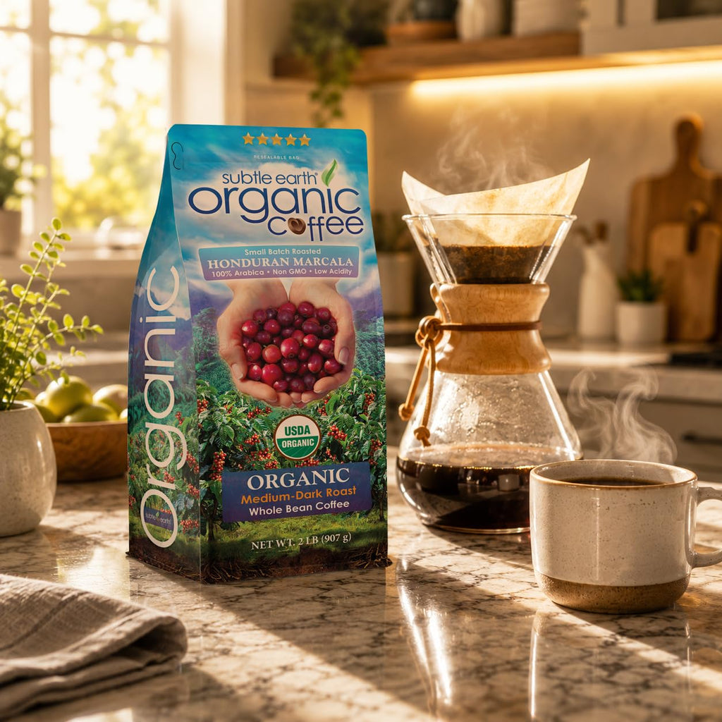 2LB Subtle Earth Organic Coffee - Dark Roast - Whole Bean Coffee - 100% Arabica Beans - Low Acidity and Non-GMO - 2lb bag