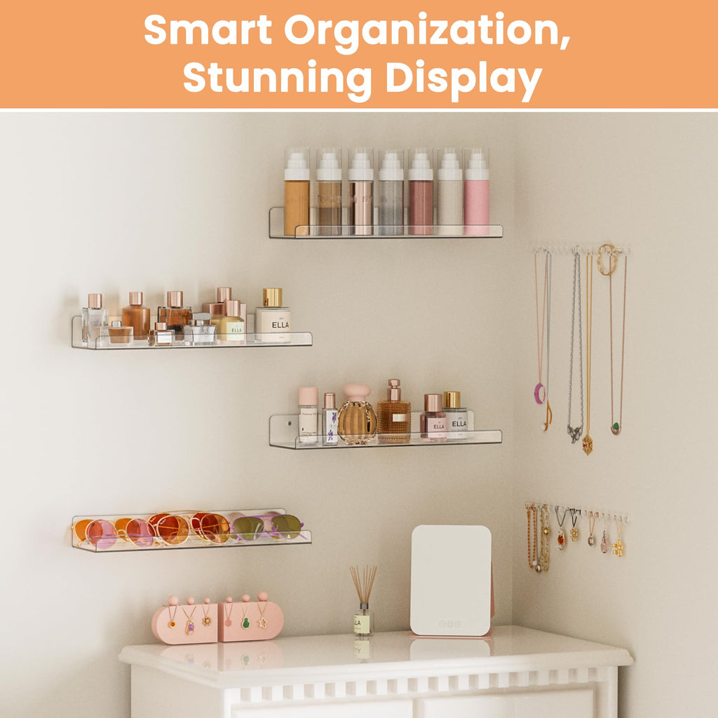 upsimples Acrylic Shelves for Bathroom Storage, 15" Floating Shelves Wall Organizer for Perfume, Make up, Skincare, Kids Bookshelf for Bedroom, Nursery, Living Room Decor, Clear, 4 Pack