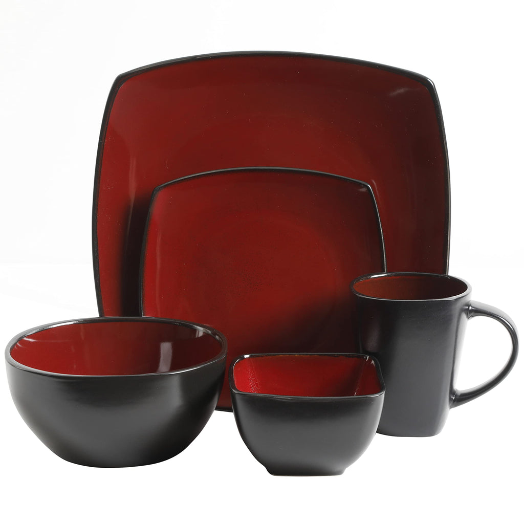 Gibson Elite Soho Lounge Square 16-Piece Dinnerware Set, Service for 4, Reactive Glaze Stoneware Plates and Bowls, Modern Dishes, Microwave & Dishwasher Safe – Red and Black