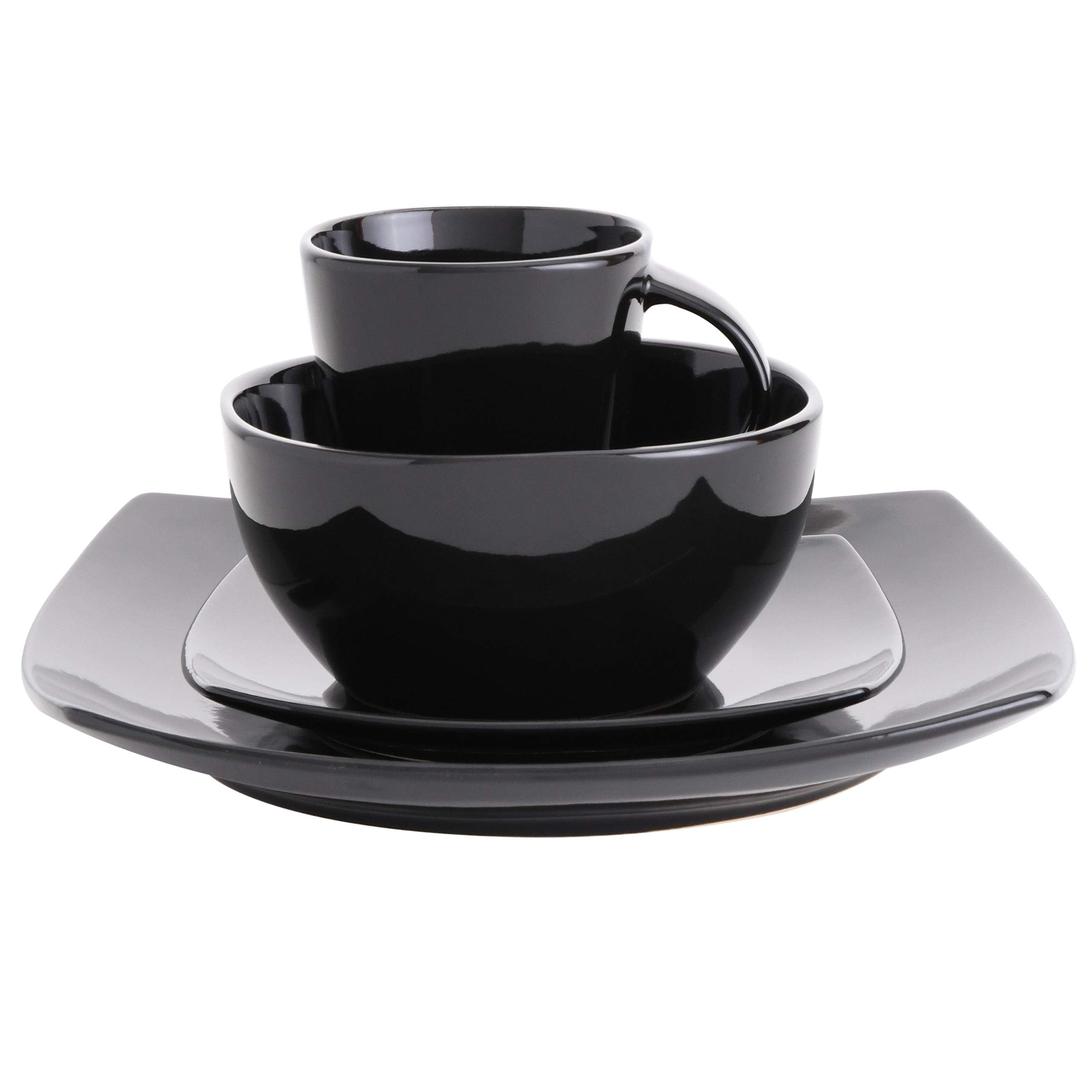 Gibson Elite Soho Lounge Square 16-Piece Dinnerware Set, Service for 4, Reactive Glaze Stoneware Plates and Bowls, Modern Dishes, Microwave & Dishwasher Safe – Red and Black