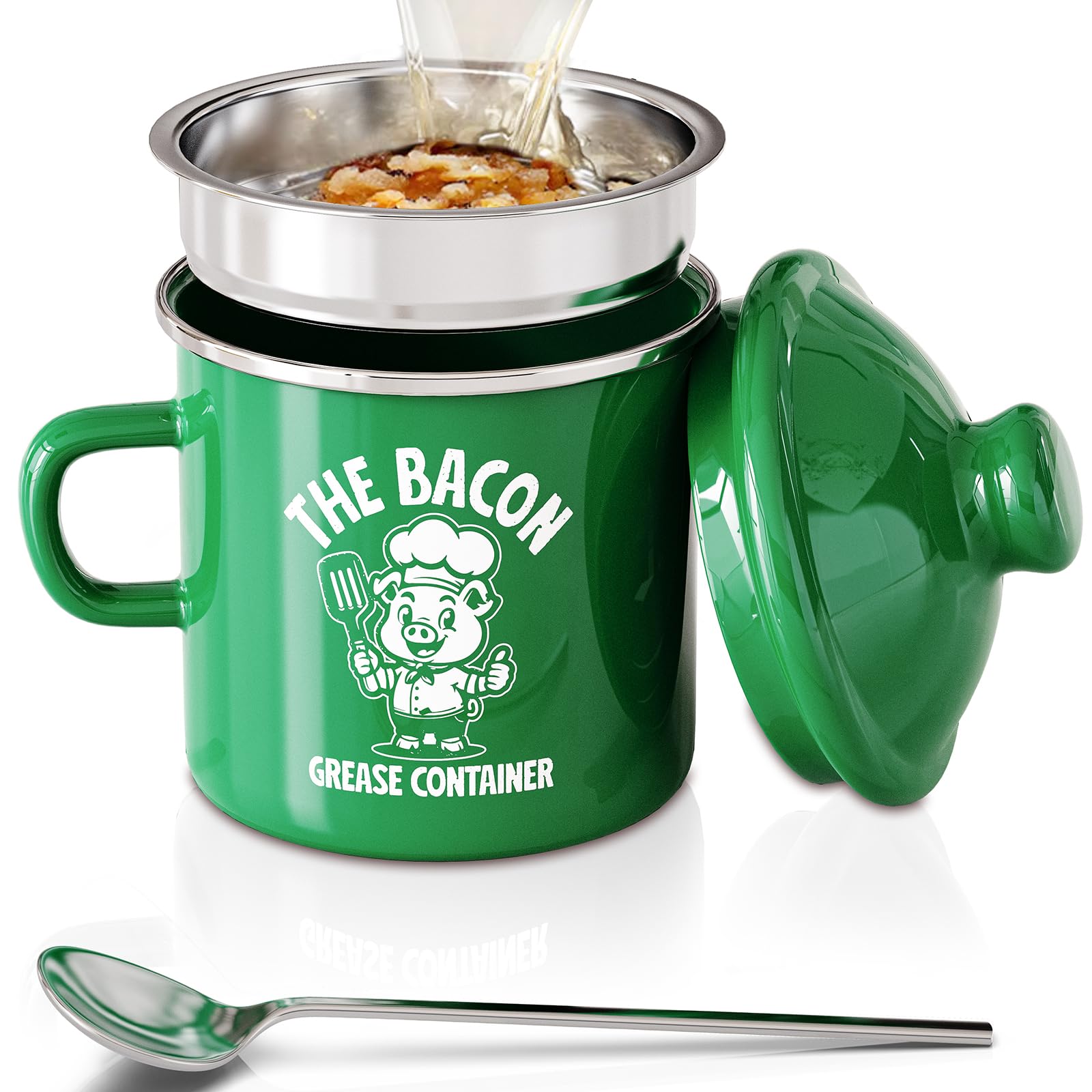PGYARD Mini Bacon Grease Saver With Strainer - 15OZ Enamel Grease Container, Farmhouse Bacon Grease Keeper For Kitchen Fat Storage, Dishwasher Safe-Red